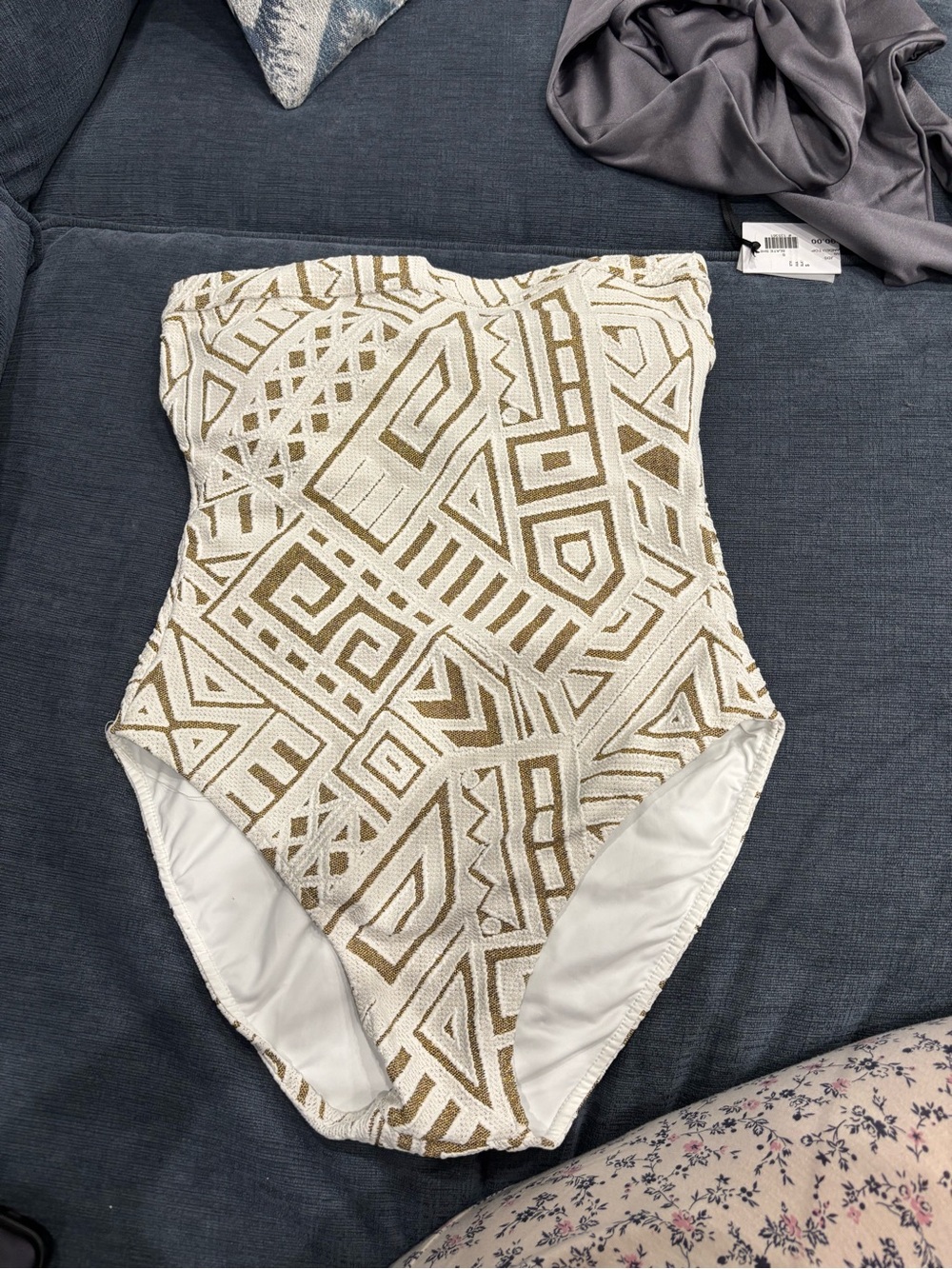 Strapless White & Gold Geo One-Piece Swimsuit